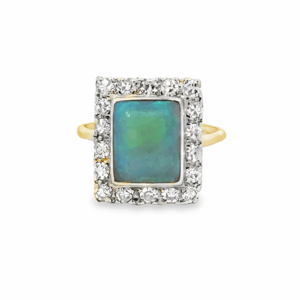 Vintage Yellow Gold Cocktail Ring with Bluish Green Cabochon Opal & Diamond Accents