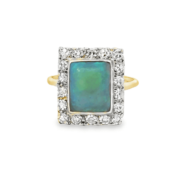 Vintage Yellow Gold Cocktail Ring with Bluish Green Cabochon Opal & Diamond Accents