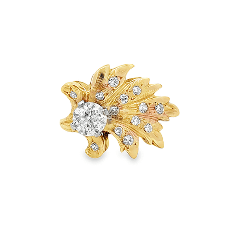 Yellow Gold Leaf Design Vintage Estate Ring with Round Brilliant Diamond