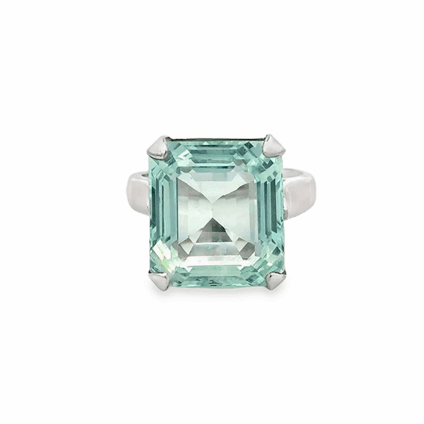 14k White Gold Square Step Cut Aquamarine Gemstone Ring