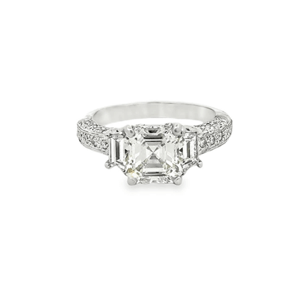 Platinum Square Emerald Cut Natural Diamond Engagement Ring with Trapezoid Side Diamonds