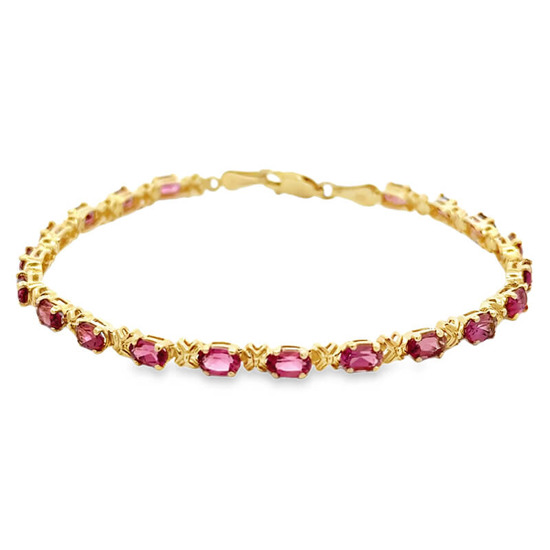 14k Gold Tennis Bracelet with Pinkish-Red Rhodolite Garnet Gemstones