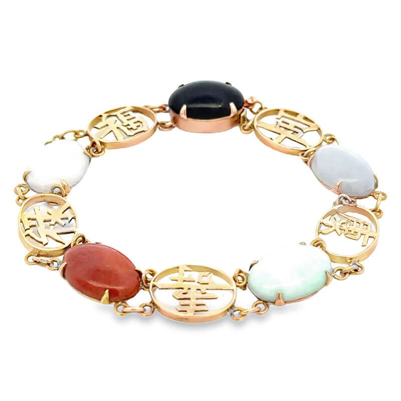 14k Gold Chain Bracelet with Cabochon-Cut Multicolor Gemstone Accents