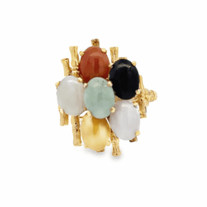 14k Yellow Gold Bamboo Multistone Ring with Oval Jade Gemstones