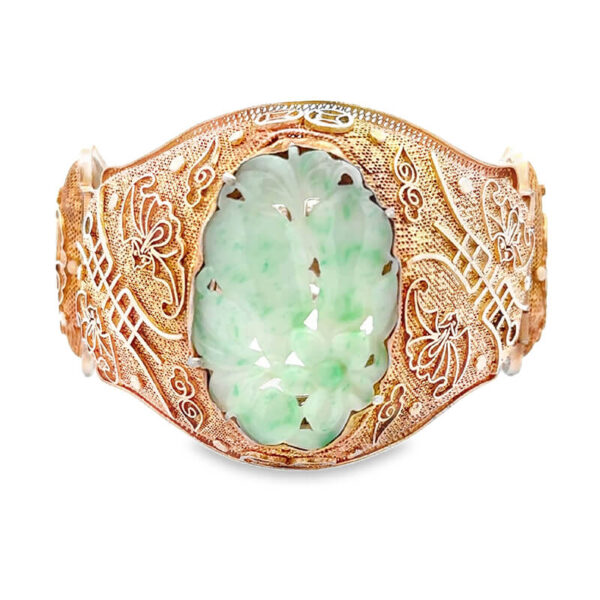 Early 1900's Chinese Export Gold Gilt over Silver Bangle with Carved Jade Centerpiece