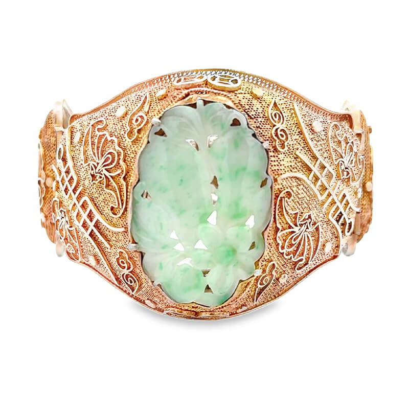 Early 1900's Chinese Export Gold Gilt over Silver Bangle with Carved Jade Centerpiece