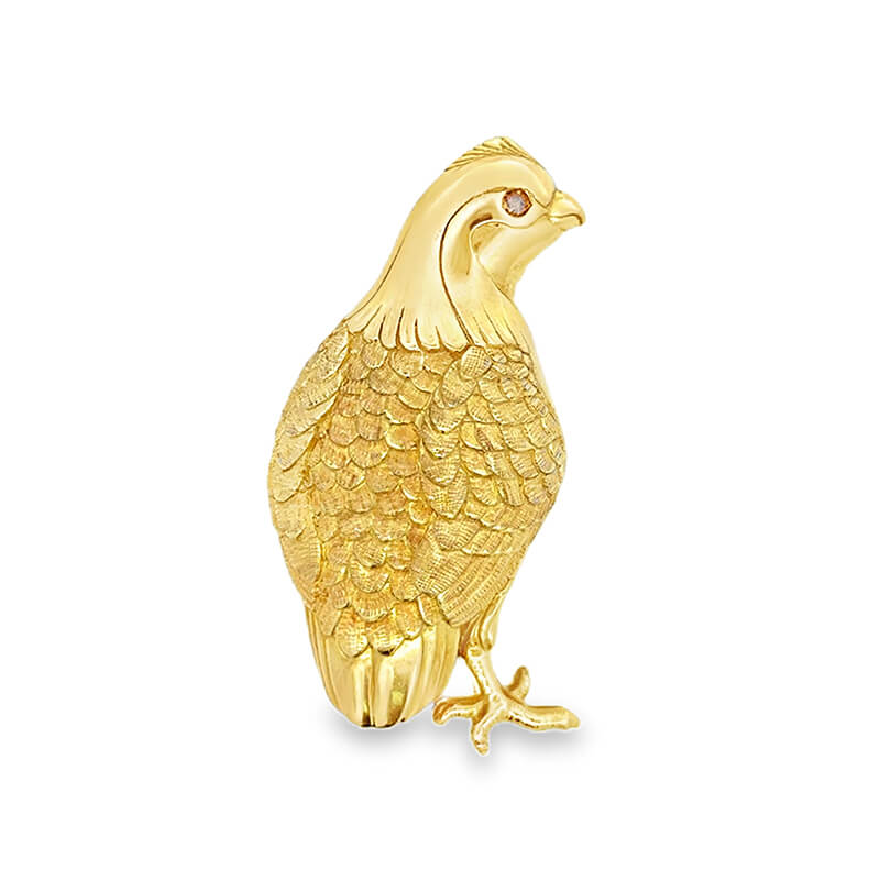 Yellow Gold Quail Brooch with Champagne Diamond Accent